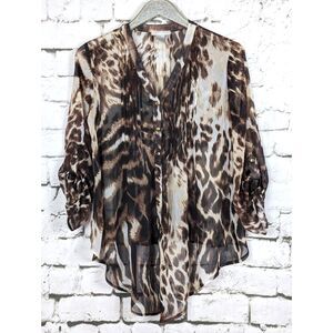 VINTAGE ALBERTO MAKALI Animal Print Sheer Button-Front Tuxedo Pleat Top Medium